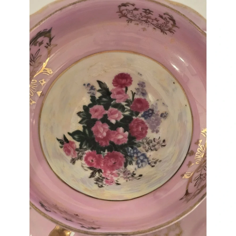 Vtg Pink Lusterware Teacup Saucer Set Floral Roses, Reticulated Edge, Gold Trim